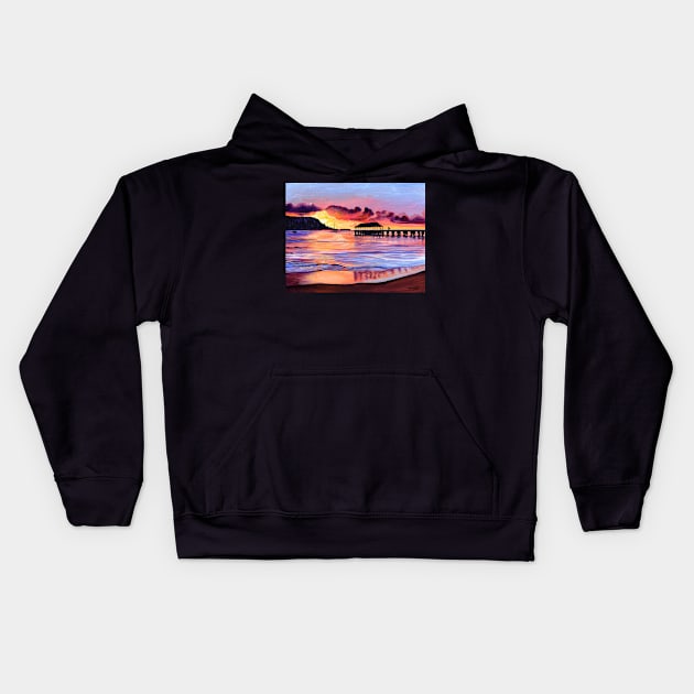 Hanalei Pier Sunset Kids Hoodie by KauaiArtist